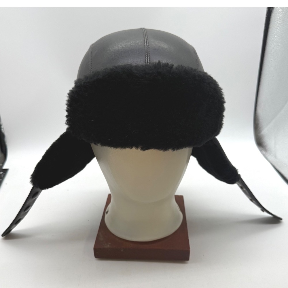 Wolverine Black Leather Trapper Hat Faux Fur Ear Flaps Water Repellent large